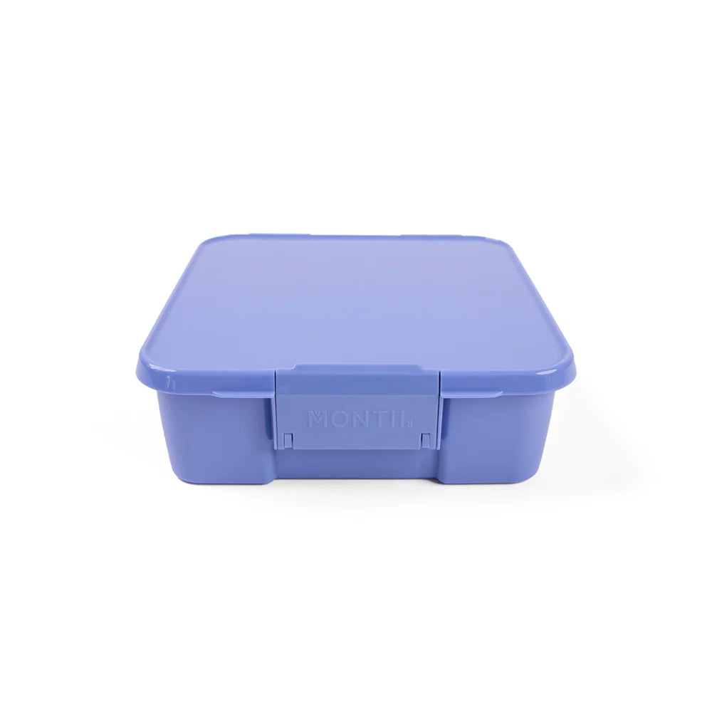 MontiiCo Bento Three lunchbox in Splash – bold blue lunchbox with three leakproof compartments