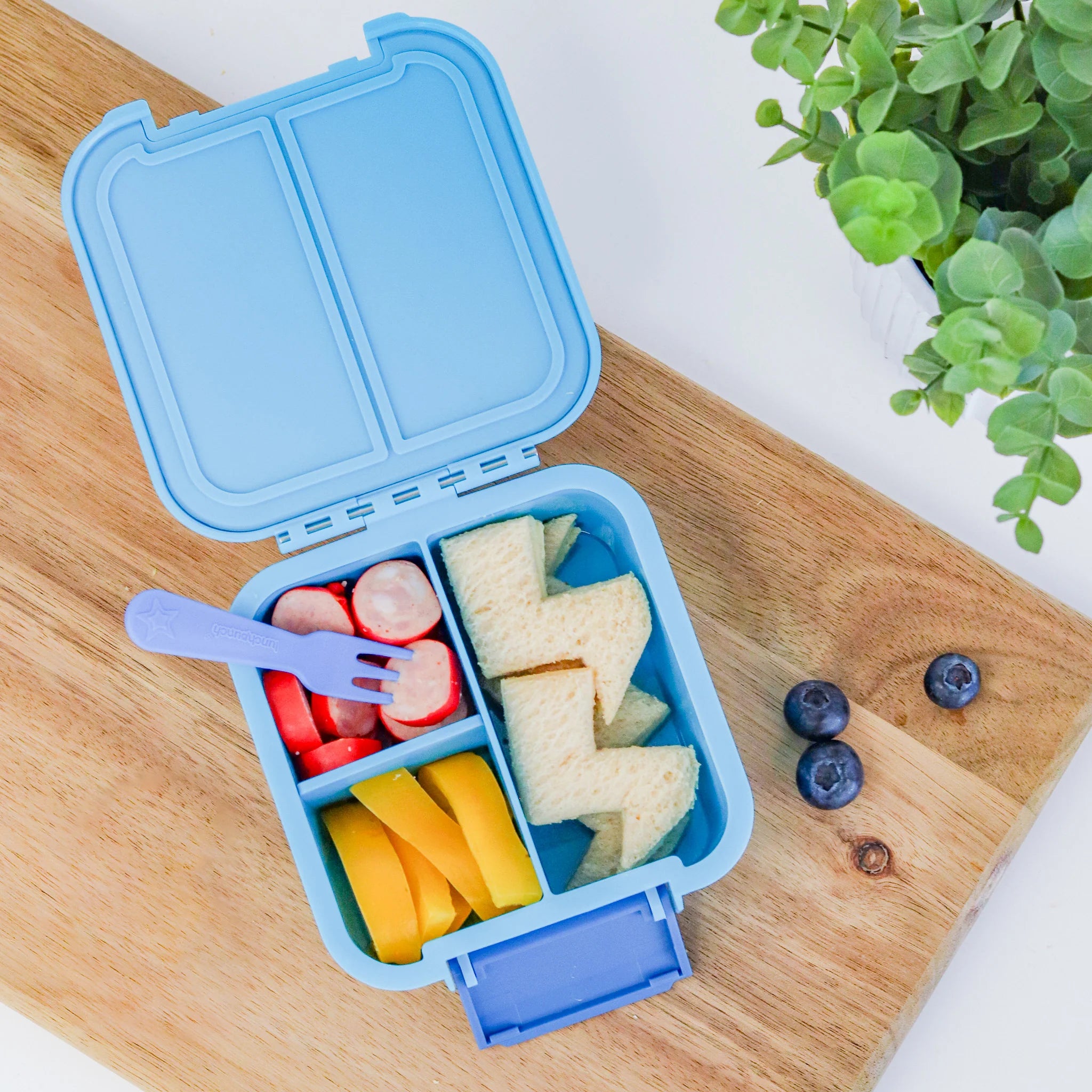 Inside view of MontiiCo Bento Two Coastal lunchbox showing leakproof compartments