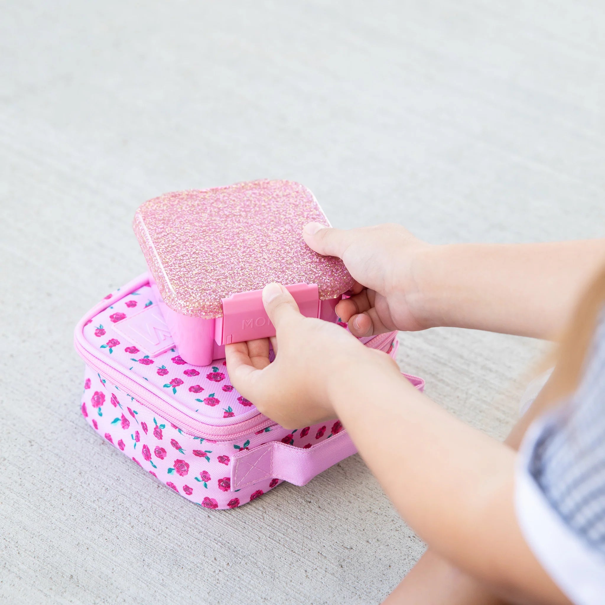 MontiiCo Bento Two Floss Glitter lunchbox open showing leakproof compartments and removable divider