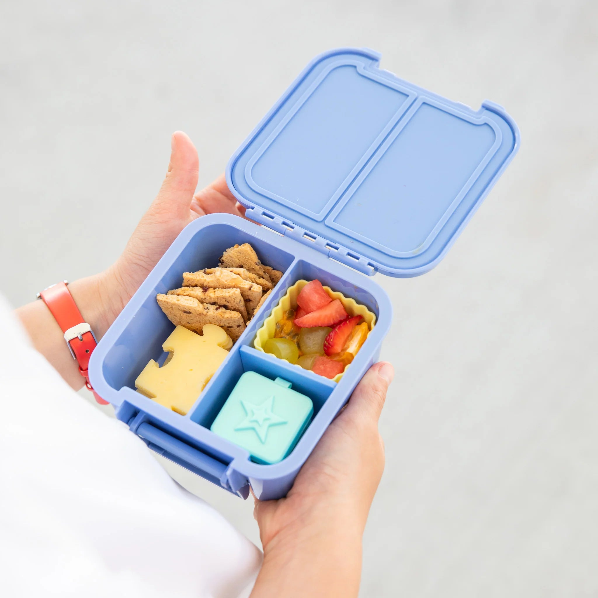 MontiiCo Bento Two lunchbox in Splash – open showing compartments