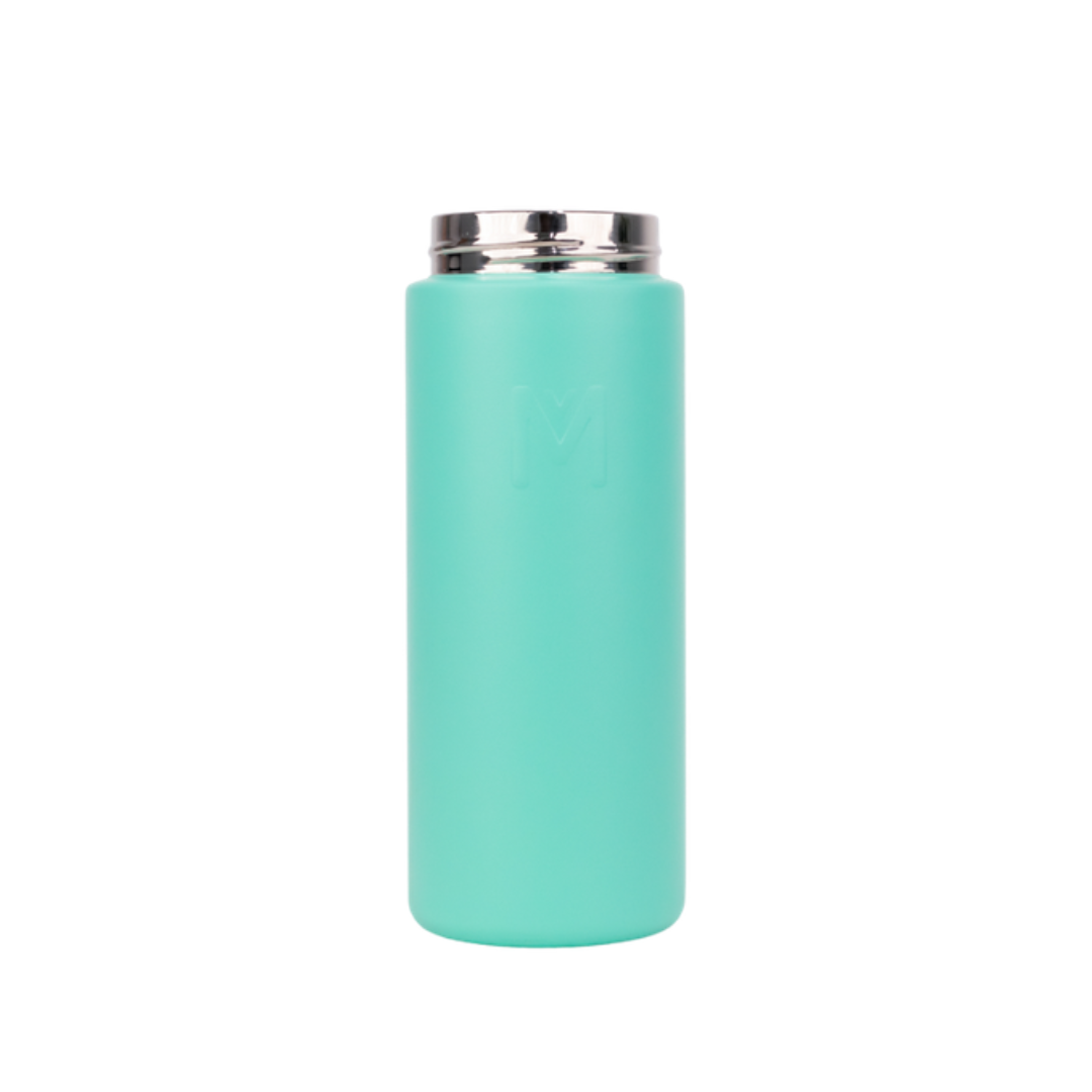 Turquoise water bottle with silver cap on a white background