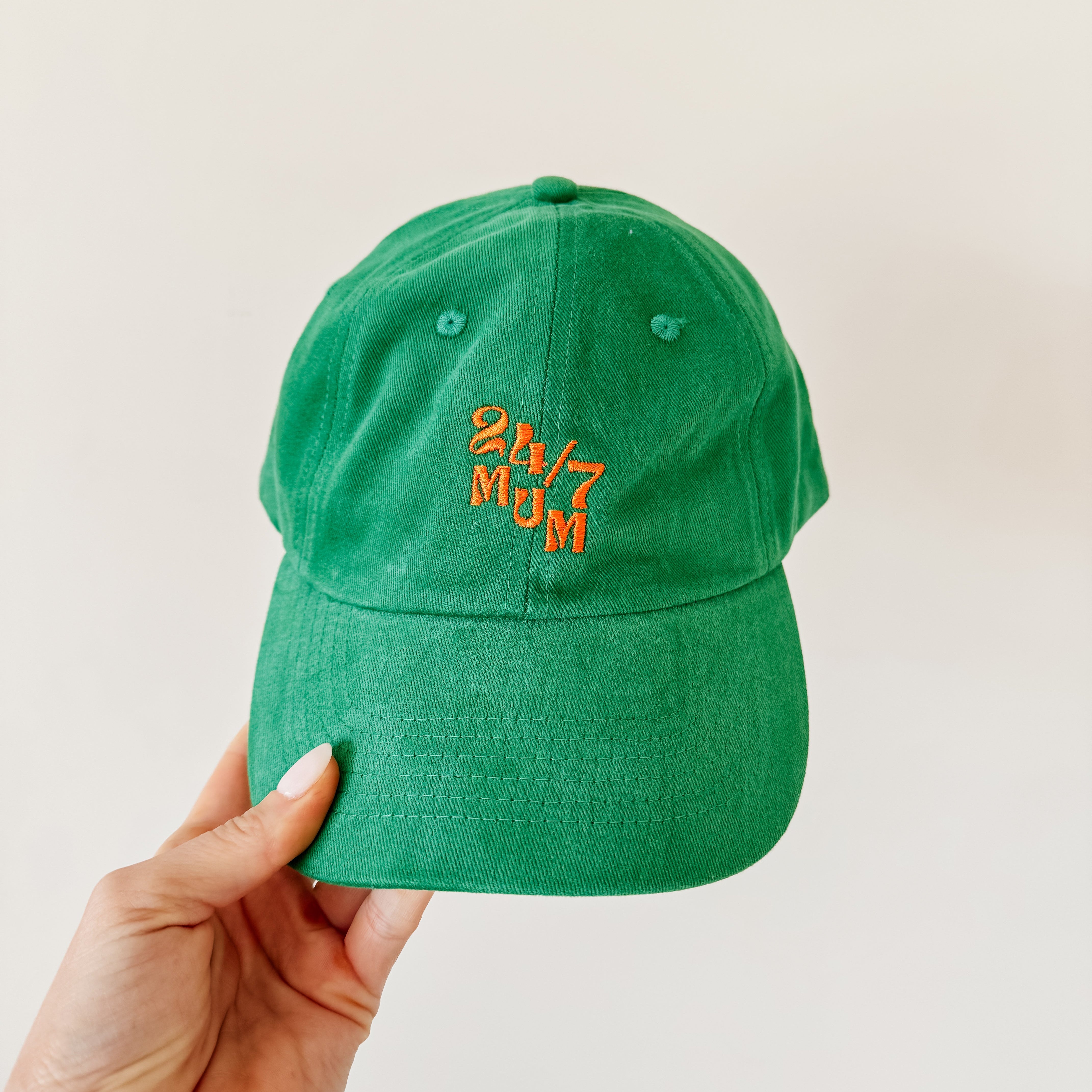 No Sleep Society 24/7 Mum Cap – Green Vintage Wash with Orange Embroidery | NZ Stockist White Fox & Co