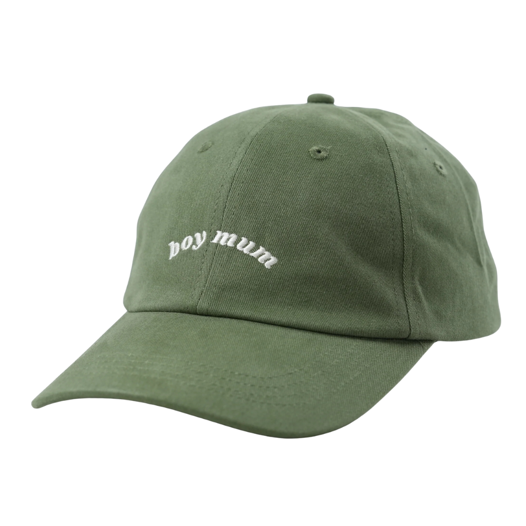 No sleep society Green cap with 'boy mum' text on a white background | White Fox & Co
