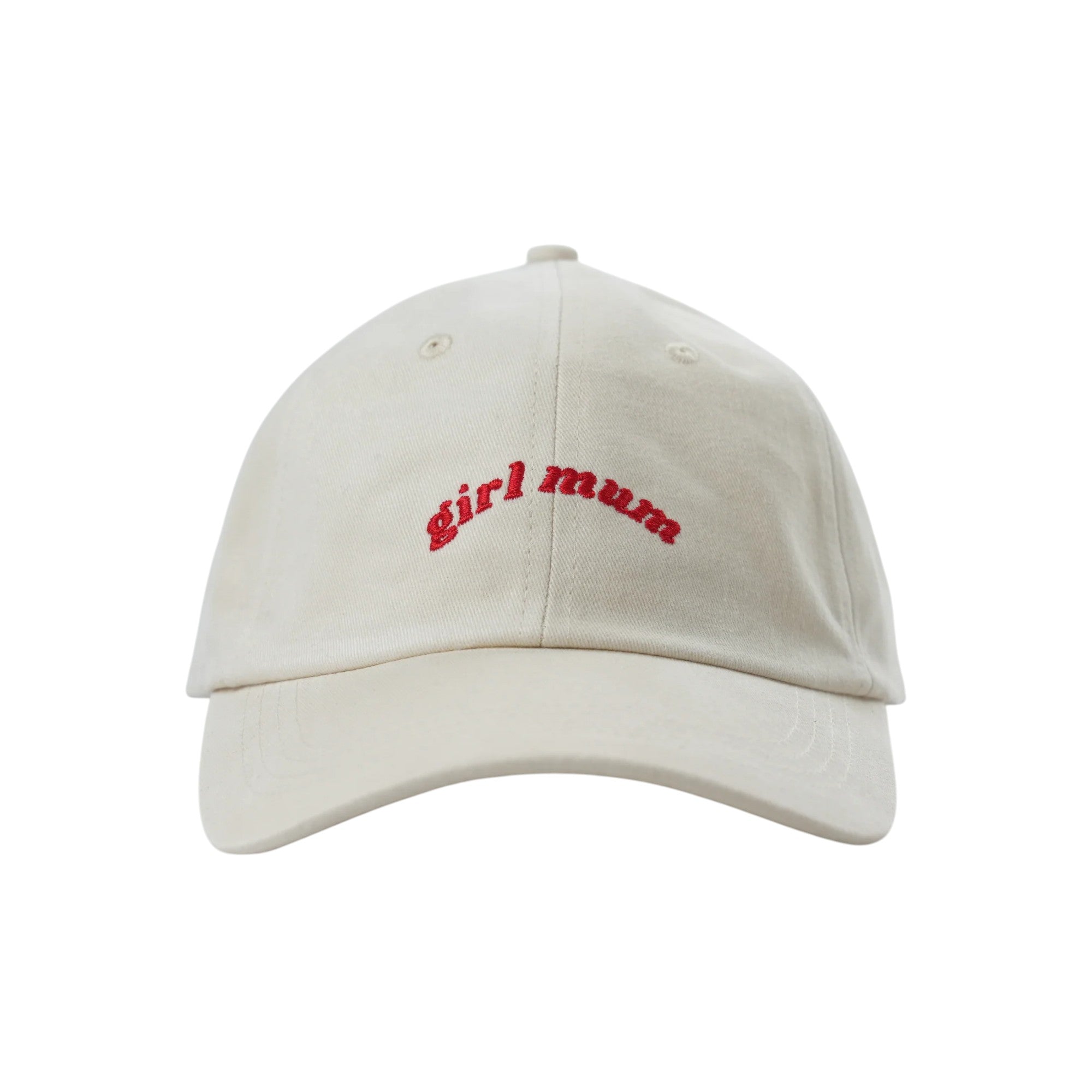 No Sleep Society Cream cap with 'girl mum' text in red on a white background | White Fox & Co