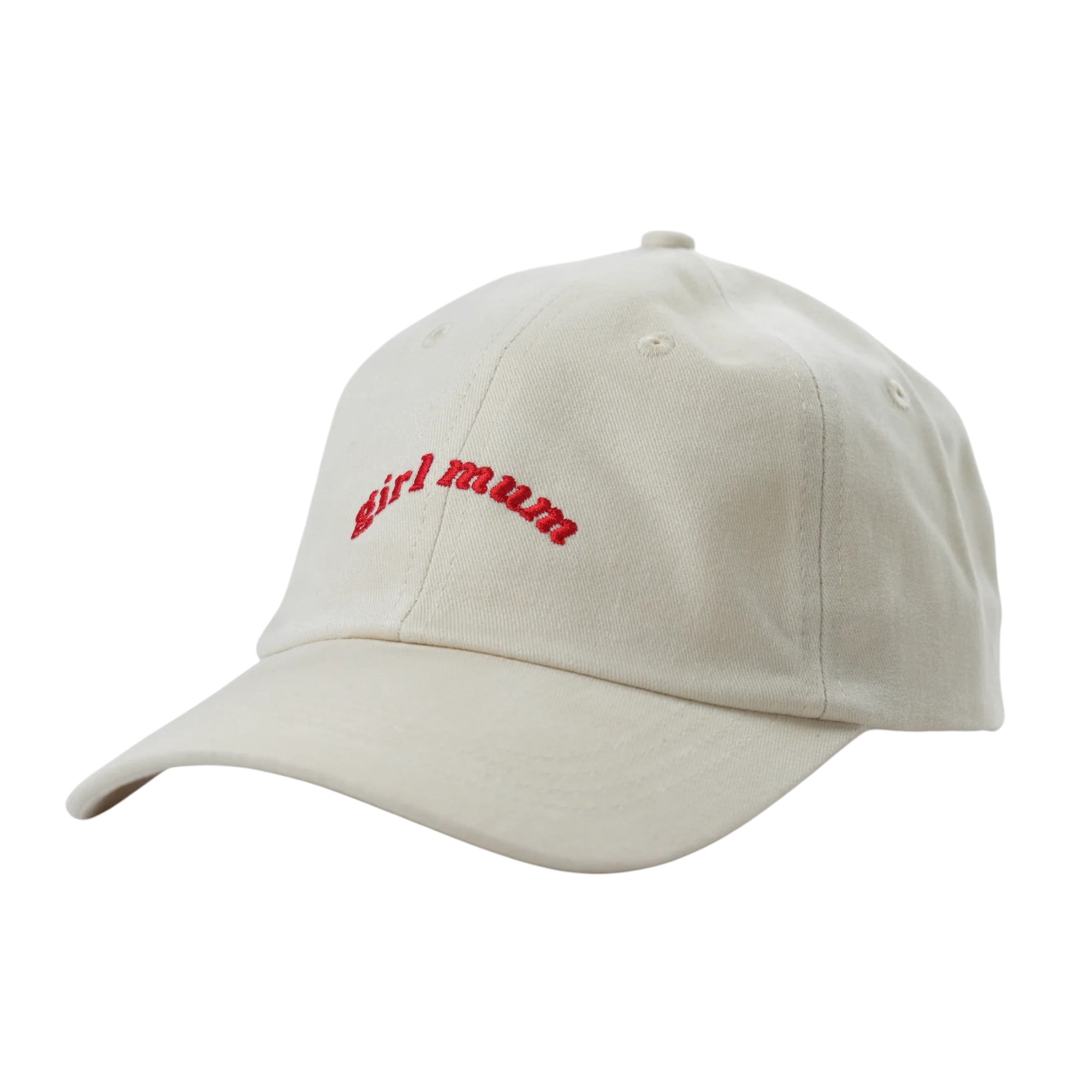 No Sleep Society Cream cap with 'girl mom' text in red on a white background