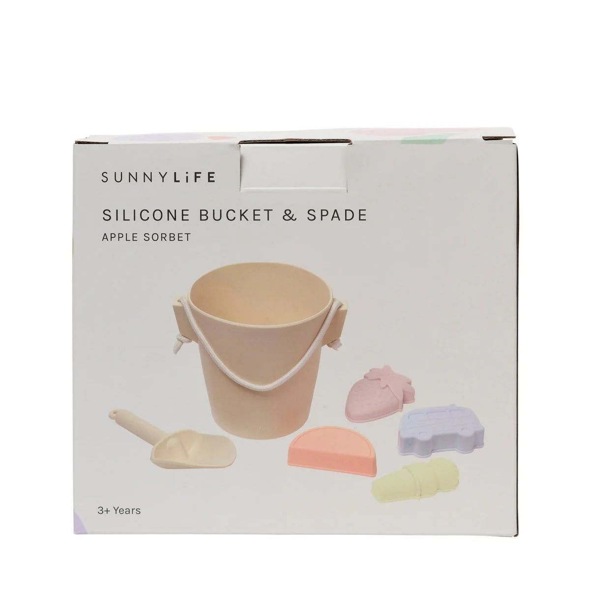 Campervan, watermelon, ice cream and strawberry silicone sand moulds from the Sunnylife Apple Sorbet bucket and spade set back of package
