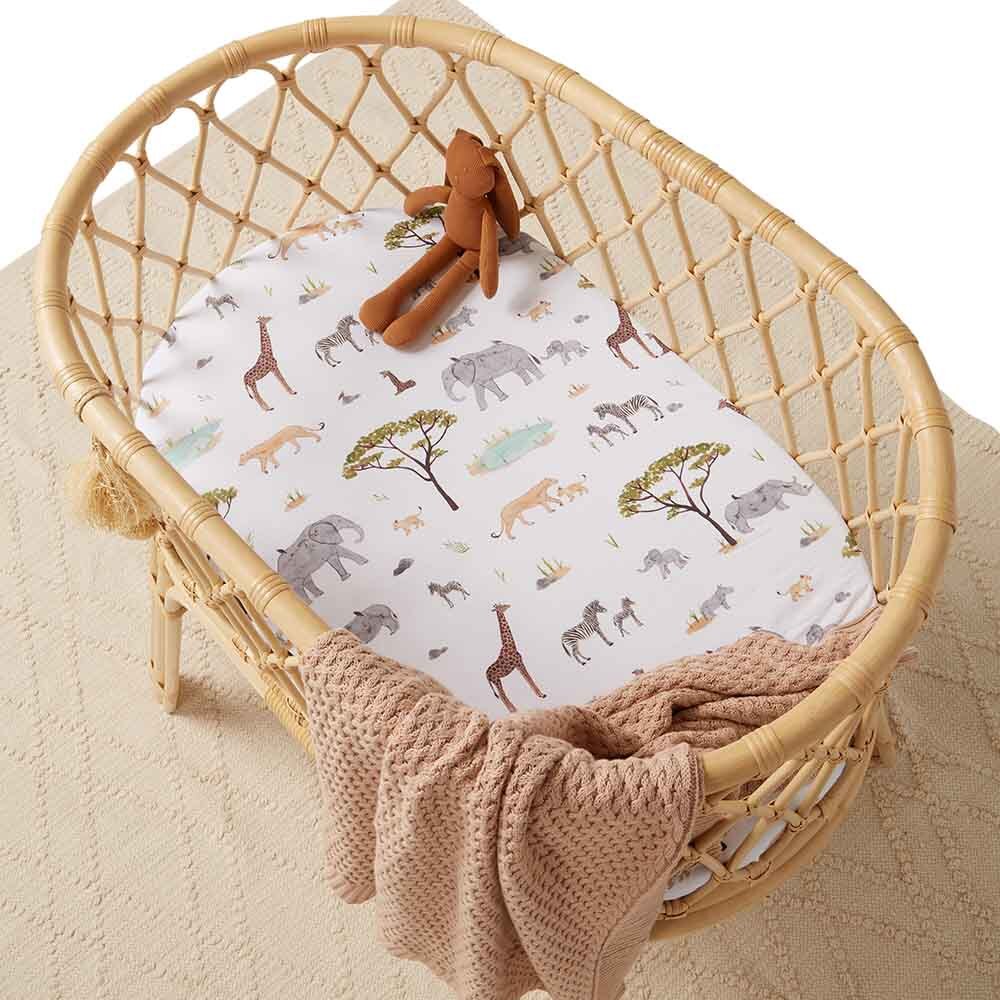 Snuggle Hunny Kids | Bassinet Sheet | Change Pad Cover | Safari Print | White Fox & Co