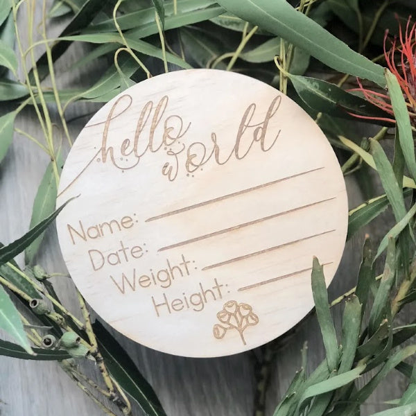 Hello Fern | Birth Annoucement | Wooden Disc | Australiana | White Fox & Co
