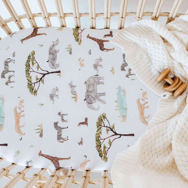 Snuggle Hunny Kids | Bassinet Sheet | Change Pad Cover | Safari Print | White Fox & Co