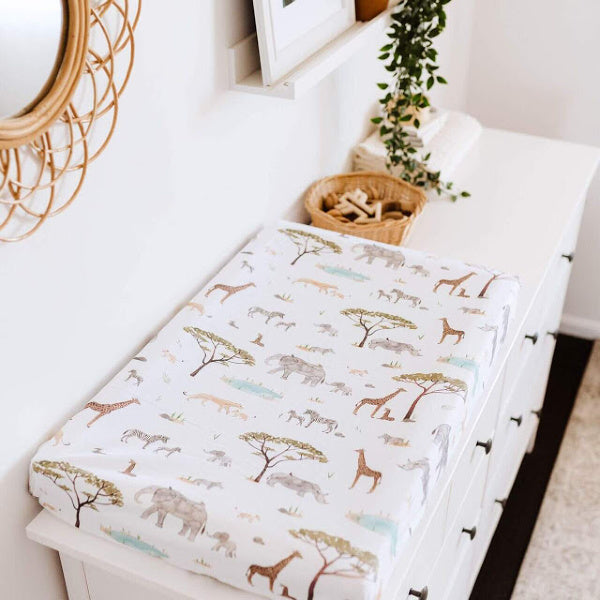 Snuggle Hunny Kids | Bassinet Sheet | Change Pad Cover | Safari Print | White Fox & Co